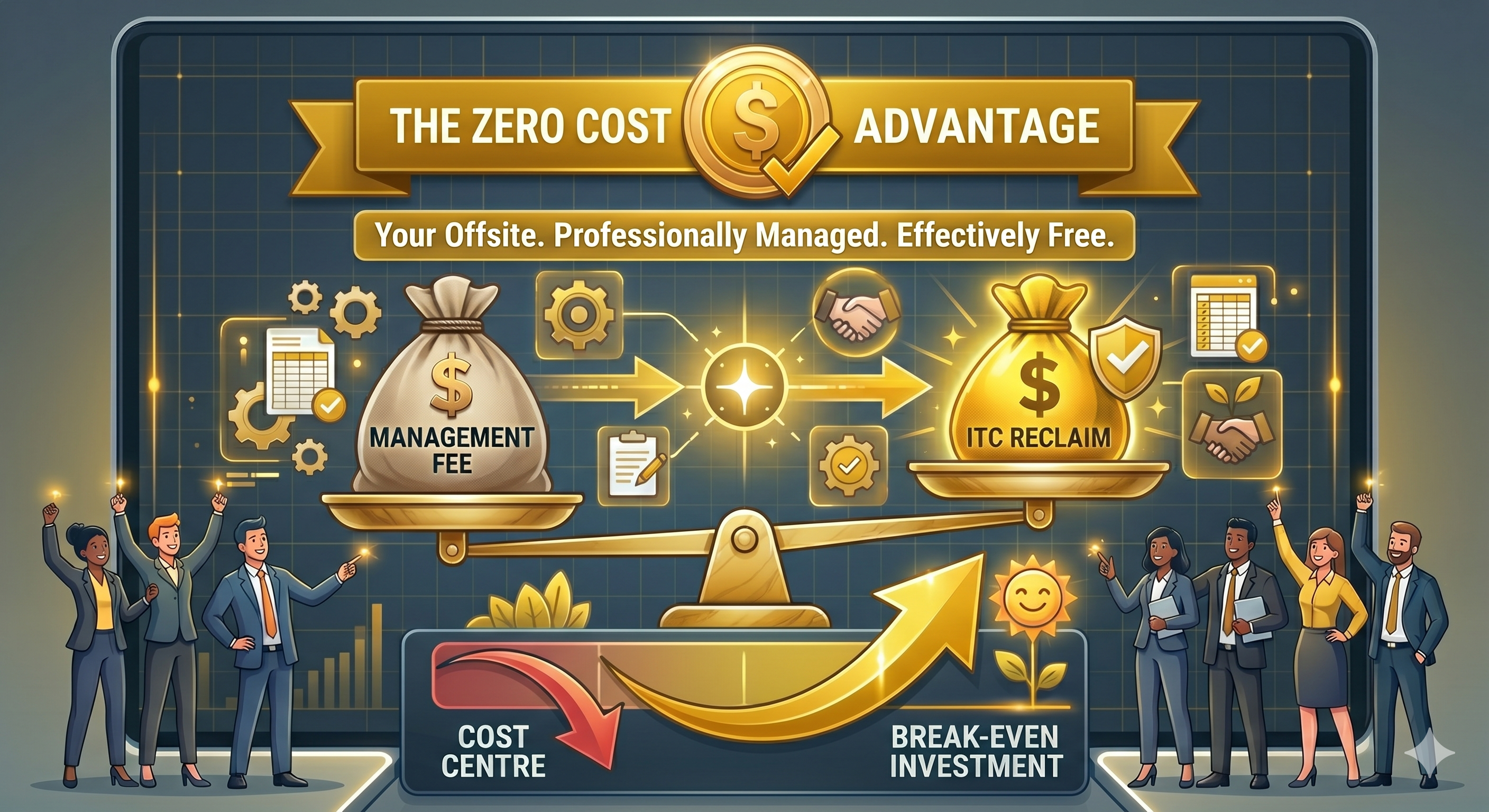 Infographic titled The Zero Cost Advantage, showing how management fees are offset by ITC reclaims to reach a break-even investment.